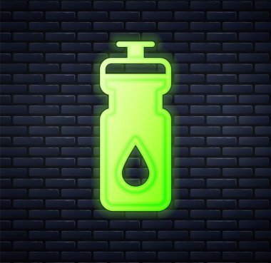 Parlayan neon fitness karıştırıcı ikonu tuğla duvar arka planında izole edilmiş. Su ve protein kokteylleri için kapaklı spor karıştırıcı şişesi. Vektör.