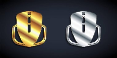 Siyah arkaplanda altın ve gümüş bilgisayar fare oyun simgesi izole edildi. Tekerlek sembollü optik. Uzun gölge tarzı. Vektör.