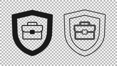 Şeffaf arkaplanda kalkan simgesi olan siyah evrak çantası. Sigorta konsepti. Güvenlik, güvenlik, koruma, konsept koruma. Vektör.