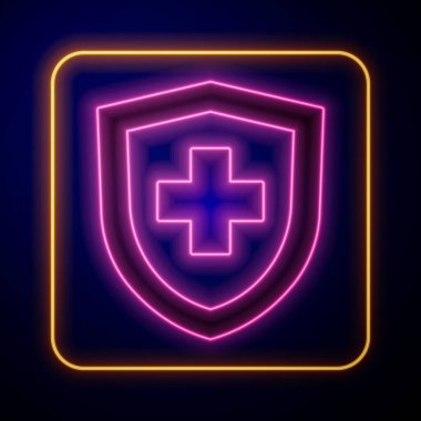 Siyah arka planda izole edilmiş kalkan ikonu ile parlayan neon hayat sigortası. Güvenlik, güvenlik, koruma, konsept koruma. Vektör.