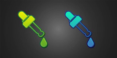 Green and blue Pipette with oil icon isolated on black background. Organic aromatherapy essence. Skin care serum glass drop package. Vector.