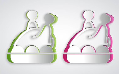 Paper cut Roasted turkey or chicken icon isolated on grey background. Merry Christmas and Happy New Year. Paper art style. Vector.