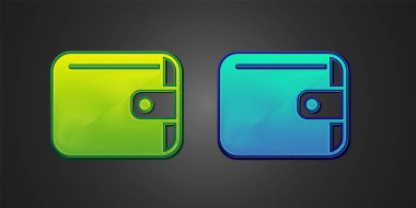 Siyah arkaplanda yeşil ve mavi cüzdan simgesi var. Çanta ikonu. Nakit tasarruf sembolü. Vektör.