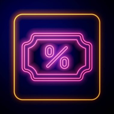 Parlayan neon indirimli etiket simgesi siyah arkaplanda izole edildi. Etiket alışverişi. Özel teklif işareti. İndirim kuponları sembolü. Vektör.
