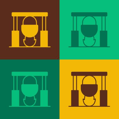 Pop art Campfire and pot icon isolated on color background. Fire camping cooking in cauldron on firewood and flame. Vector.