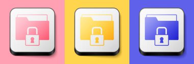 Isometric Folder and lock icon isolated on pink, yellow and blue background. Closed folder and padlock. Security, safety, protection concept. Square button. Vector.