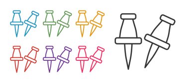 Pin simgesini beyaz arkaplanda izole et. Raptiye işareti. Simgeleri renklendirin. Vektör.