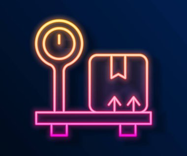 Siyah arkaplanda izole edilmiş karton kutu simgesi ile parlayan neon çizgi ölçeklendirmesi. Lojistik ve teslimat. Dağıtım paketinin ağırlığı bir ölçekte. Vektör.