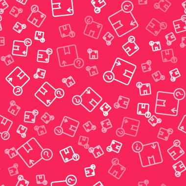 Beyaz çizgi karton kutu simgesi kırmızı arkaplanda izole edilmiş kusursuz desen. Kutu, paket, paket işareti. Teslimat ve ambalaj. Vektör.