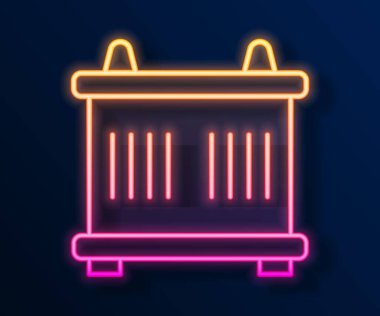 Parlayan neon hattı konteynır simgesi siyah arkaplanda izole edildi. Crane içinde kargo olan bir konteynırı kaldırıyor. Vektör.