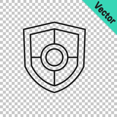 Siyah çizgi kalkan simgesi şeffaf arkaplanda izole edildi. Gardiyan. Güvenlik, güvenlik, koruma, gizlilik kavramı. Vektör.