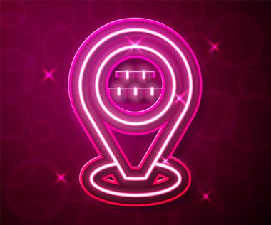 Kırmızı arka planda izole edilmiş, parlayan neon çizgili harita işaretçisi. Konum sembolü. Vektör.