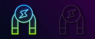 Parlayan neon hattı mıknatıs simgesi siyah arkaplanda izole edildi. At nalı mıknatısı, manyetizma, manyetizma, çekim. Vektör.