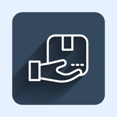 Karton kutularla dolu beyaz çizgi teslimat eli uzun gölge arkaplanlı izole edilmiş. Kuryeyle kapı kapı dolaşacağız. Mavi kare düğme. Vektör.