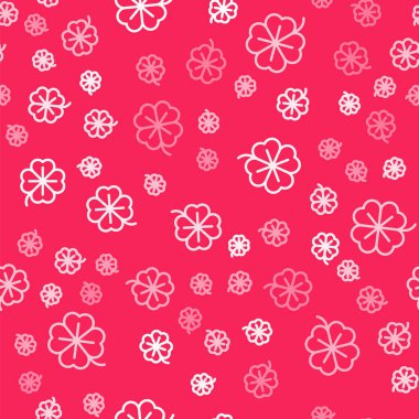 White line Four leaf clover icon isolated seamless pattern on red background. Happy Saint Patrick day. Vector.