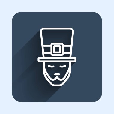 Beyaz çizgi leprikon ikonu uzun gölge arkaplan izole. Aziz Patrick gününüz kutlu olsun. Ulusal İrlanda bayramı. Mavi kare düğme. Vektör.