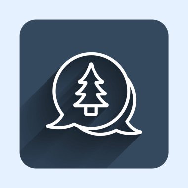 Beyaz çizgi ağaç simgesi uzun gölge arkaplanı ile izole edildi. Orman sembolü. Mavi kare düğme. Vektör.