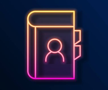 Parlayan neon hattı telefon rehberi simgesi siyah arkaplanda izole edildi. Adres defteri. Telefon rehberi. Vektör.