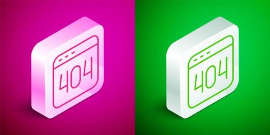Isometric line Page with a 404 error icon isolated on pink and green background. Template reports that the page is not found. Silver square button. Vector.