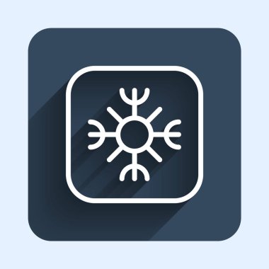 White line Snowflake icon isolated with long shadow background. Blue square button. Vector.