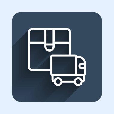 Beyaz çizgi kargo kamyonu ikonu uzun gölgeli arka planda izole edildi. Mavi kare düğme. Vektör.