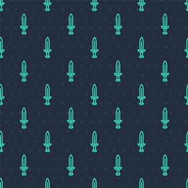 Yeşil çizgi Ortaçağ kılıç ikonu mavi arkaplandaki kusursuz deseni izole etti. Ortaçağ silahı. Vektör.