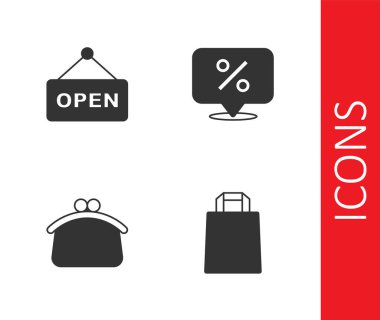 Set Paper shopping bag Hanging sign with text Open Wallet and Discount percent tag icon. Vector.