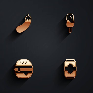 Set Eggplant Ice cream Burger and Soda can icon with long shadow. Vector.