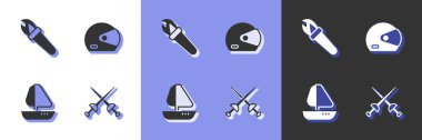Set Fencing Torch flame Yacht sailboat and Racing helmet icon. Vector.