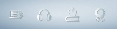 Set Online quiz test survey Headphones Book with apple and education diploma. Paper art style. Vector.