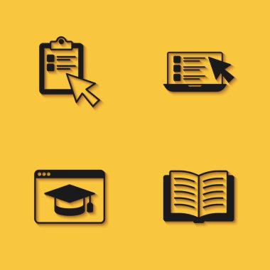 Set Online quiz test survey Open book education and icon with long shadow. Vector.