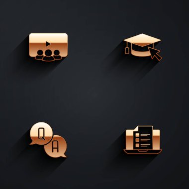 Set Online class Graduation cap with cursor Question and Answer and quiz test survey icon with long shadow. Vector.