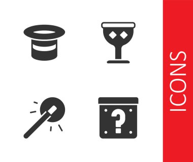 Set Mystery box Magic hat wand and Medieval goblet icon. Vector.