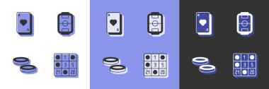 Set Bingo card Playing cards Checker game chips and Table football icon. Vector.