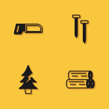 Set Hacksaw Wooden log Tree and Metallic nails icon with long shadow. Vector.
