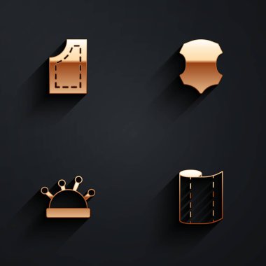 Set Sewing pattern Leather Needle bed and needles and Textile fabric roll icon with long shadow. Vector.