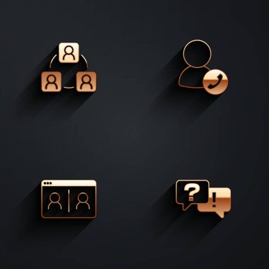 Set Meeting Video chat conference and Question and Answer icon with long shadow. Vector.