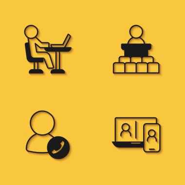 Set Freelancer Video chat conference and Speaker icon with long shadow. Vector.