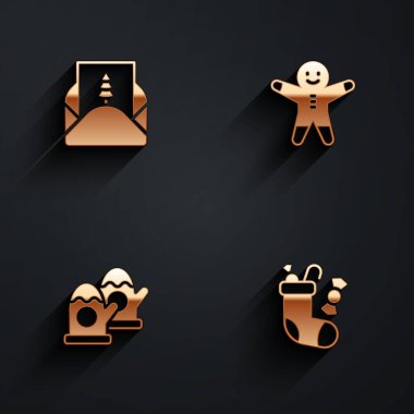Set Envelope Holiday gingerbread man cookie Christmas mittens and stocking icon with long shadow. Vector.