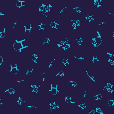 Set Camping folding chair Fishing rod and fish hook with and on seamless pattern. Vector.