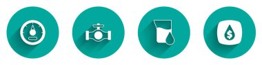 Set Motor gas gauge Oil pipe with valve petrol test tube and drop dollar symbol icon with long shadow. Vector.