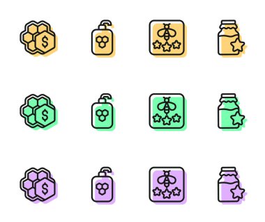 Set line Type of bee Sale honeycomb Cosmetic tube with and Jar icon. Vector.