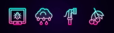 Set line Colorado beetle Cloud with rain Garden hose and Fresh berries. Glowing neon icon. Vector.