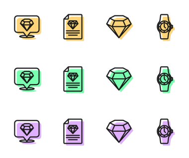 Set line Diamond Certificate of the diamond and Wrist watch icon. Vector.