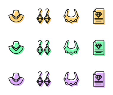 Set line Necklace on mannequin Earrings and Certificate of the diamond icon. Vector.