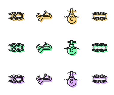 Set line Submarine Nautical rope knots Kayak and paddle and icon. Vector.