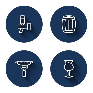 Set line Beer tap Wooden barrel Sausage on the fork and Glass of beer with long shadow. Blue circle button. Vector.