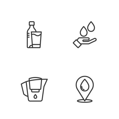 Set line Water drop with location jug filter Bottle of water glass and Washing hands soap icon. Vector.