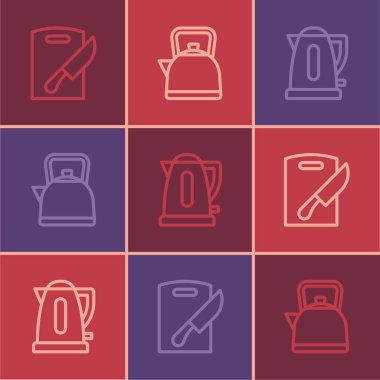 Set line Cutting board and knife Electric kettle and Kettle with handle icon. Vector.