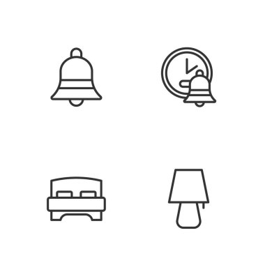 Set line Table lamp Big bed Ringing bell and Alarm clock icon. Vector.